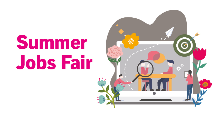 cartoon of 2 people talking at a table. Text reads Summer Jobs Fair